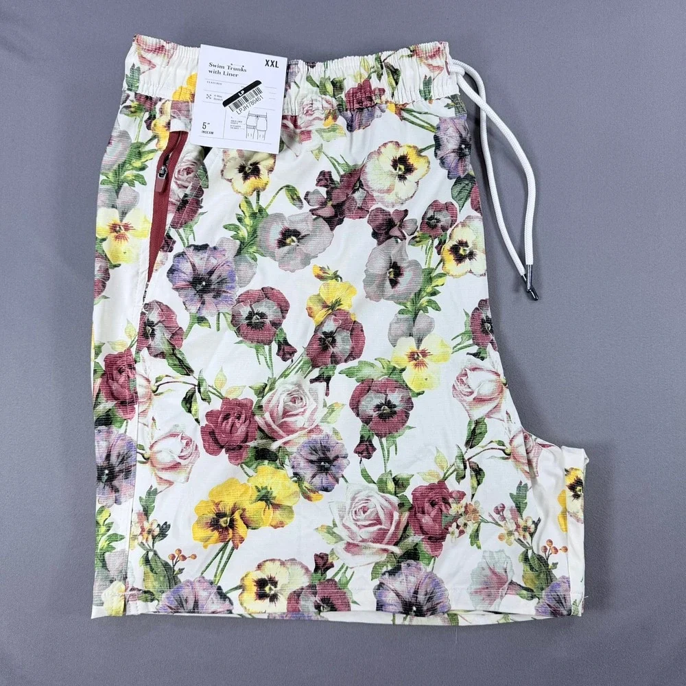 Goodfellow‎ Mens XXL White Floral Stretch 5 inch Inseam Swim Trunks Board Shorts
